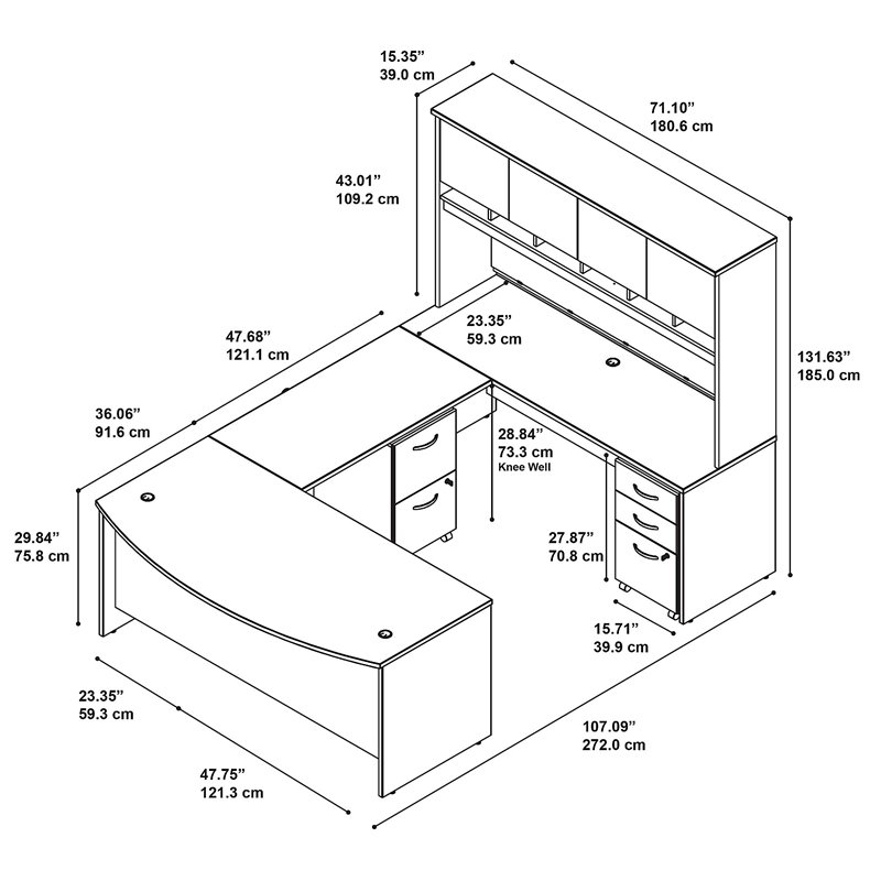 Pemberly Row Bow Front U-Shaped Desk with Hutch and Storage in Natural Cherry