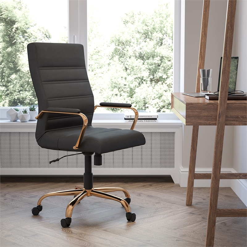 Pemberly Row Contemporary High Back Leather Swivel Office Chair in Black