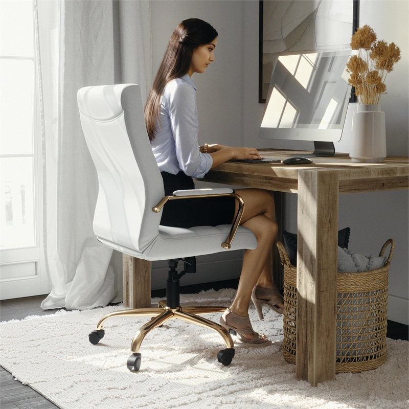 Pemberly Row Contemporary High Back Leather Swivel Office Chair in White