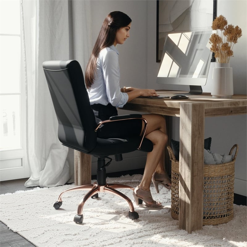 Pemberly Row Mid Back LeatherSoft Office Swivel Chair in Black and Rose Gold
