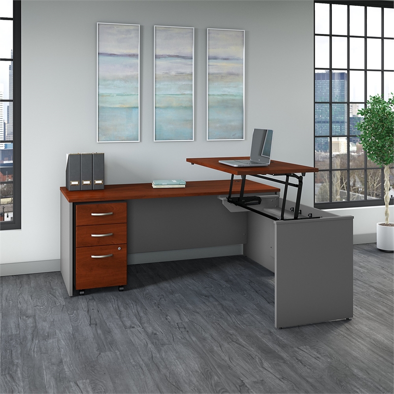 Pemberly Row 72W Sit to Stand L Shaped Desk in Hansen Cherry - Engineered Wood