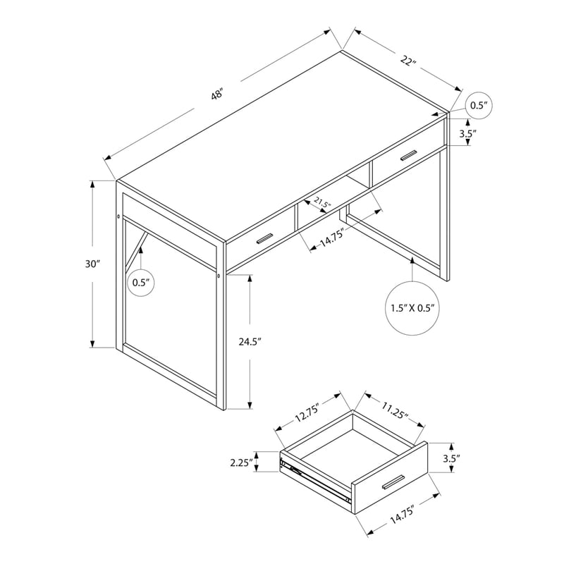 Pemberly Row Computer Desk Home Office Laptop Storage Drawers 48