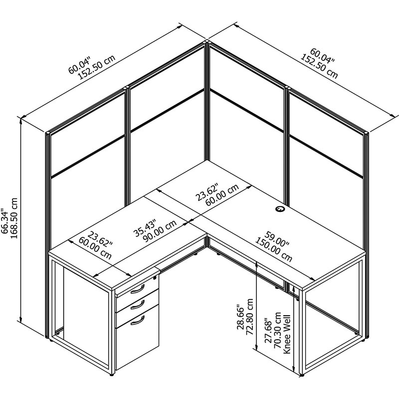 Pemberly Row Contemporary 60W L Shaped Cubicle Desk with File Cabinet