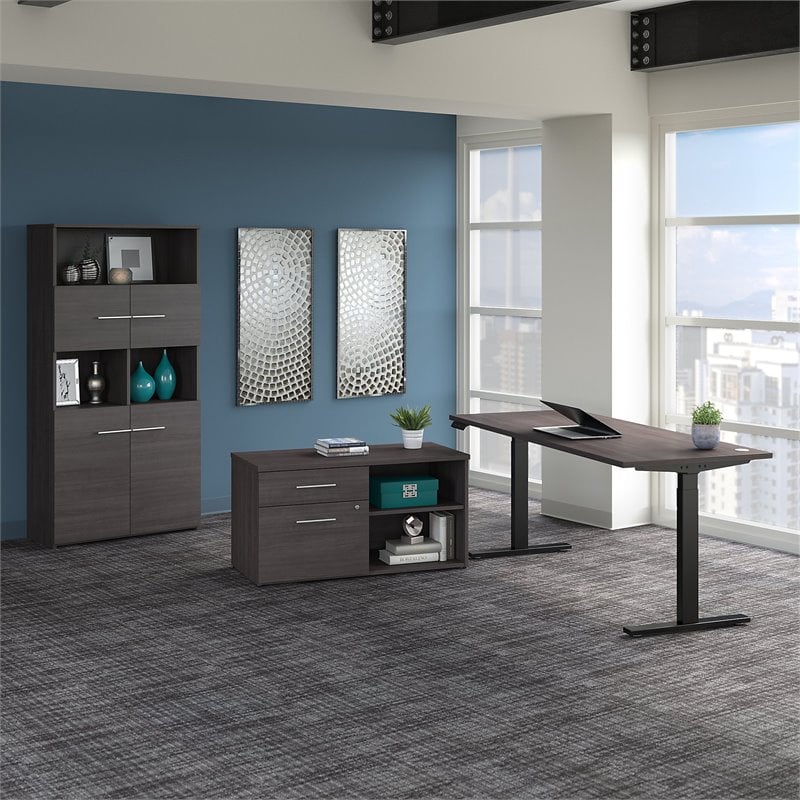 Pemberly Row 72W Adjustable Desk with Storage in Storm Gray - Engineered Wood