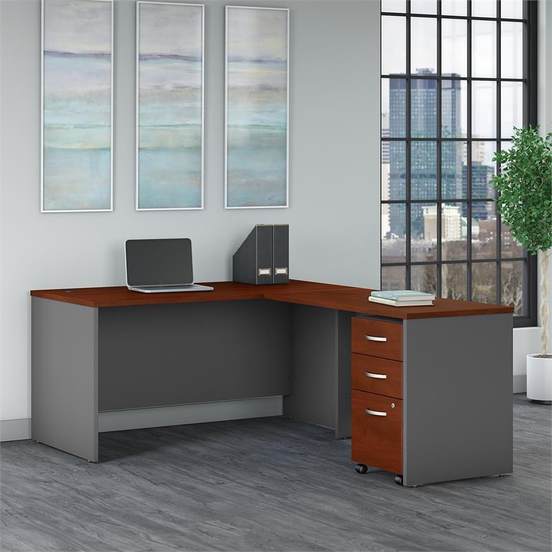 Pemberly Row 60W L Shaped Desk with Drawers in Hansen Cherry - Engineered Wood
