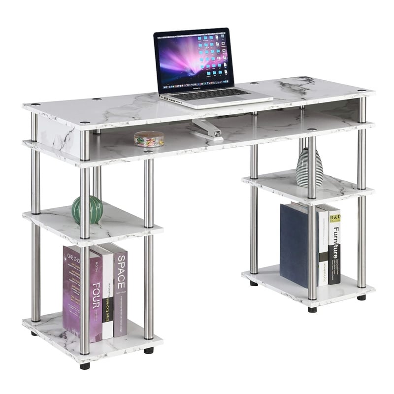 Pemberly Row No Tools Student Desk in White Faux Marble Wood Finish