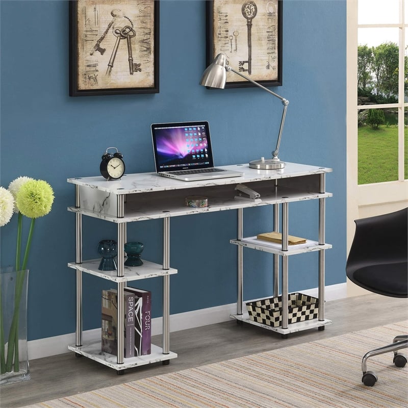 Pemberly Row No Tools Student Desk in White Faux Marble Wood Finish