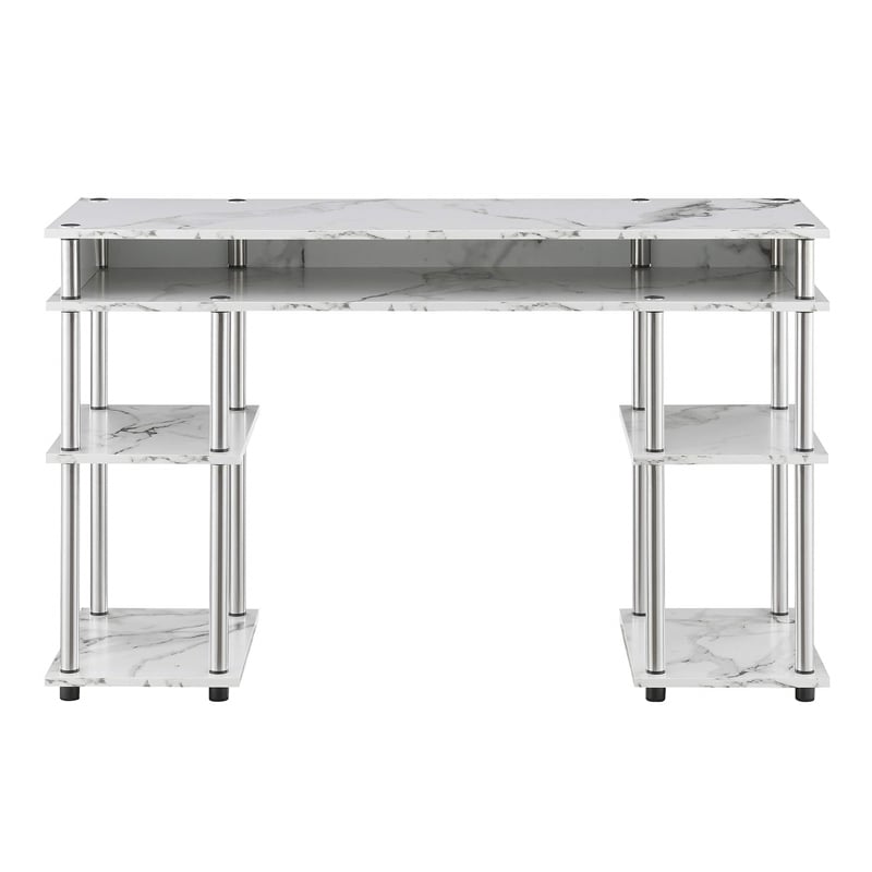 Pemberly Row No Tools Student Desk in White Faux Marble Wood Finish