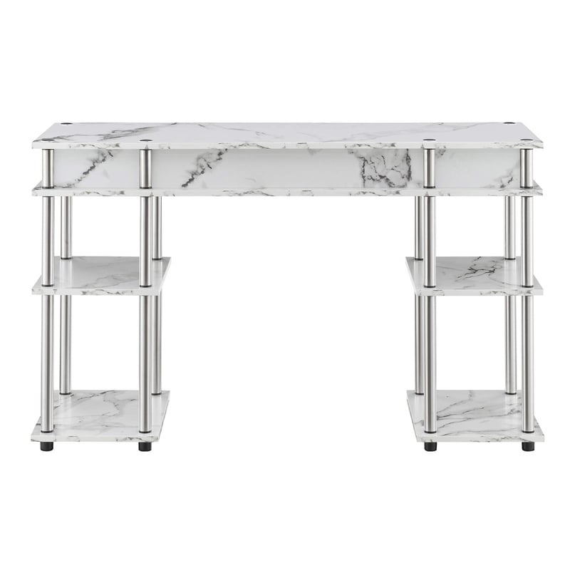 Pemberly Row No Tools Student Desk in White Faux Marble Wood Finish