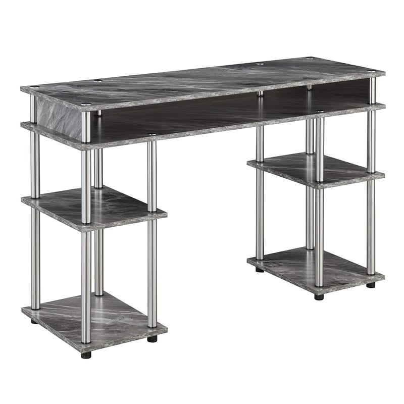 Pemberly Row No Tools Student Desk in Gray Faux Marble Wood Finish