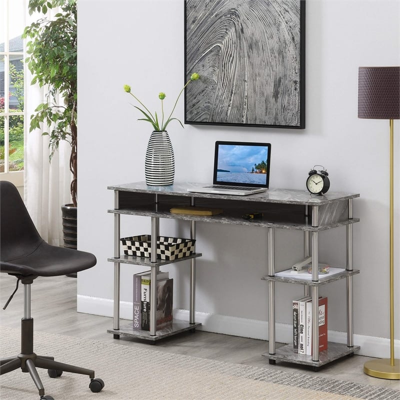 Pemberly Row No Tools Student Desk in Gray Faux Marble Wood Finish