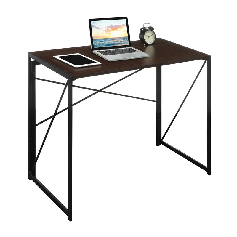 Pemberly Row Folding Desk- Espresso Wood Top and Black Metal Frame