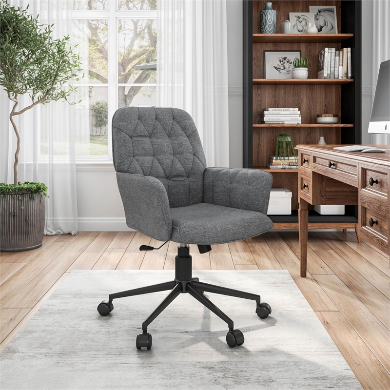 Pemberly Row Modern Fabric Upholstered Tufted Office Chair with Arms in Gray