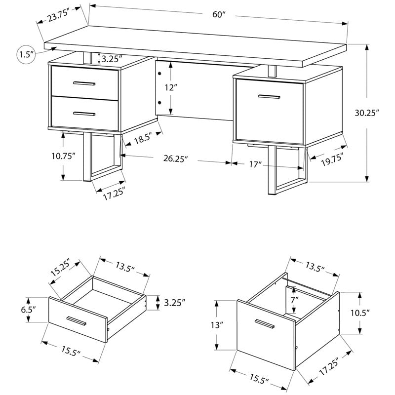 Pemberly Row Computer Desk Home Office Laptop Storage Drawers 60