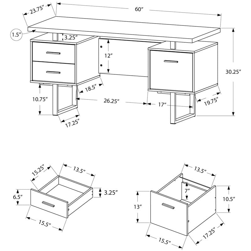 Pemberly Row Computer Desk Home Office Laptop Storage Drawers 60