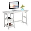 Pemberly Row Trestle Desk with Shelves in White Faux Marble Wood Finish