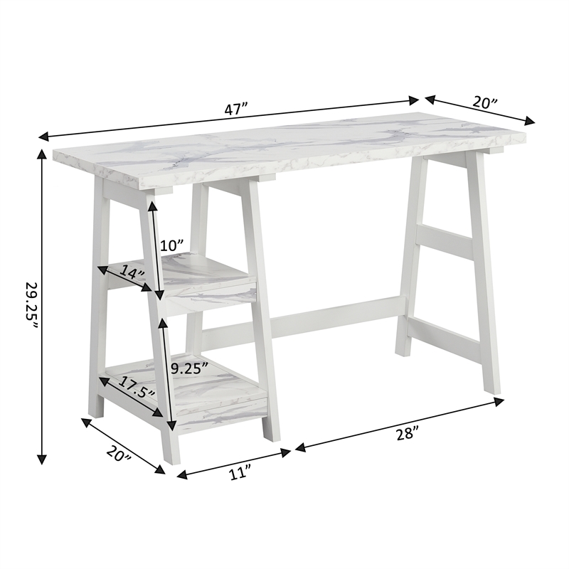Pemberly Row Trestle Desk with Shelves in White Faux Marble Wood Finish