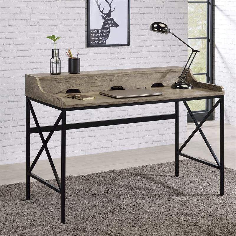 Pemberly Row Contemporary Gray Wood and Black Metal Desk with USB Port