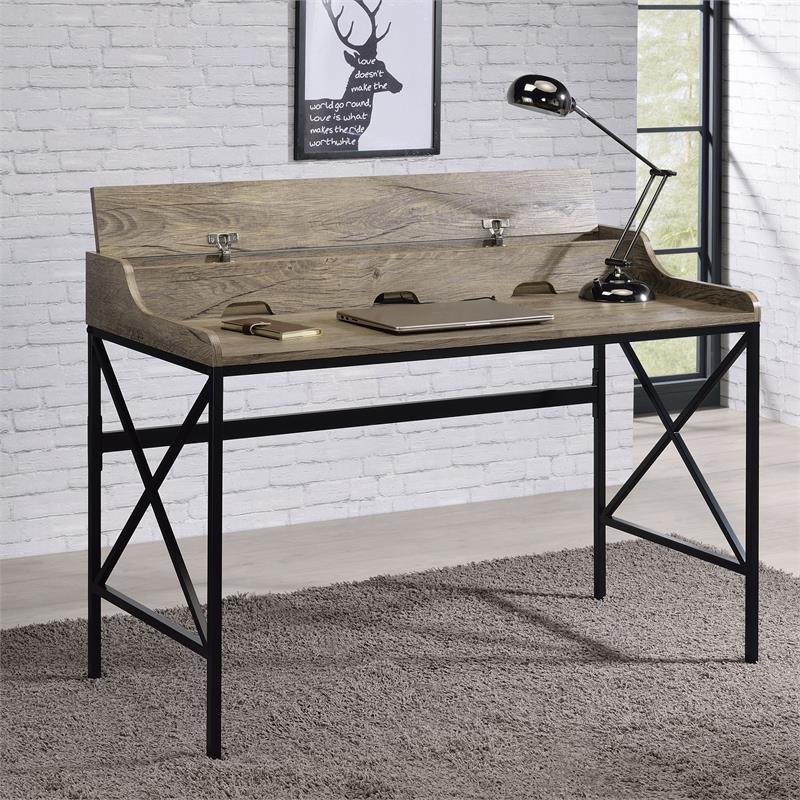 Pemberly Row Contemporary Gray Wood and Black Metal Desk with USB Port