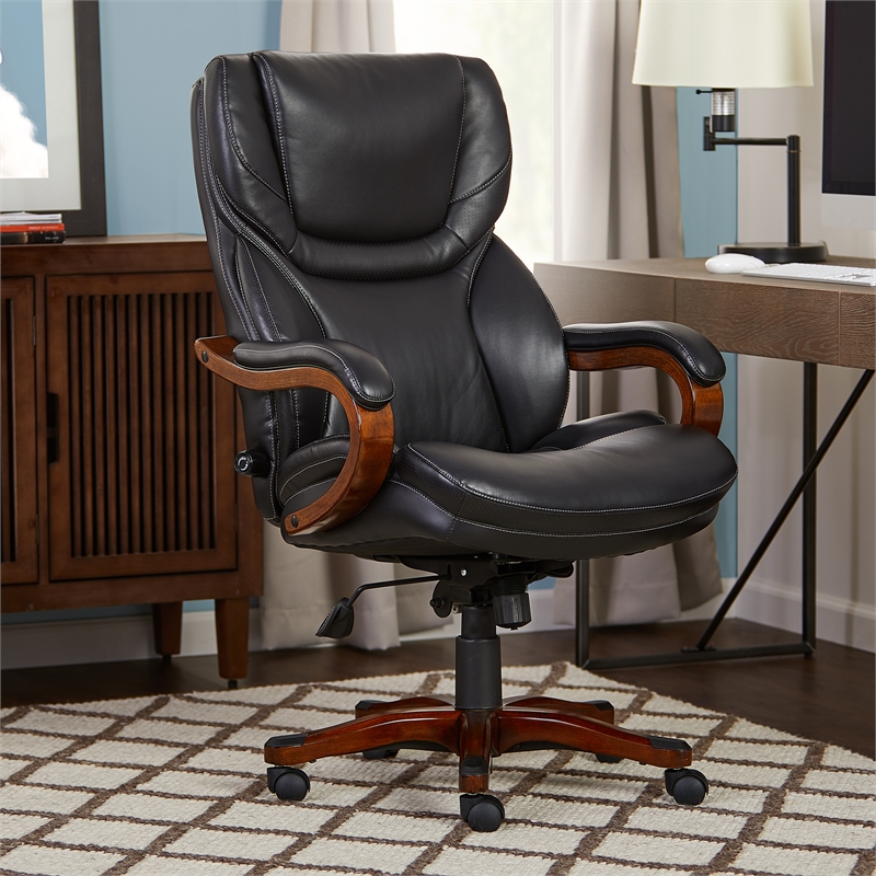 Pemberly Row Big and Tall Executive Office Chair with Wood Accents Black