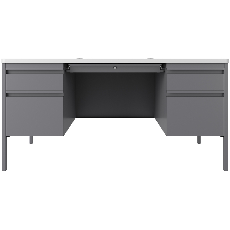 Pemberly Row 30x60 Double Pedestal Metal Desk with T-Mold Top Silver/White