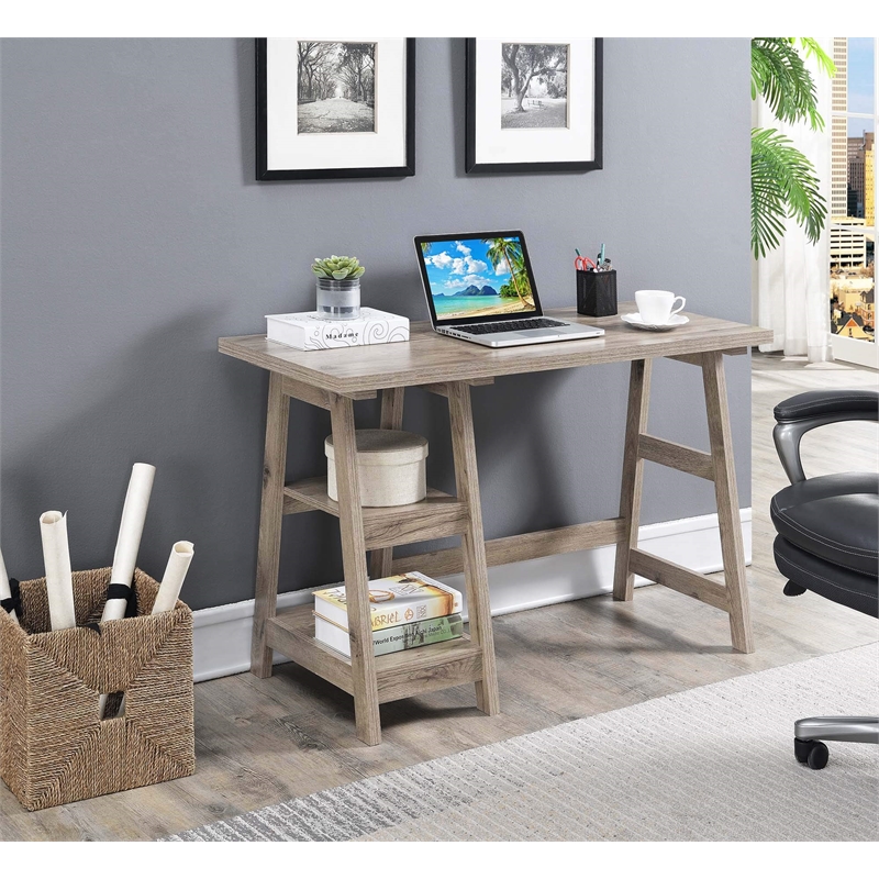 Pemberly Row Contemporary Trestle Desk in Driftwood Wood Finish
