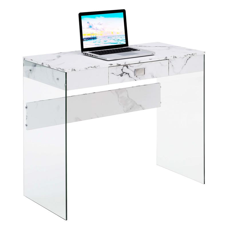 Pemberly Row 36 Desk in Clear Glass and White Faux Marble Finish with Drawer