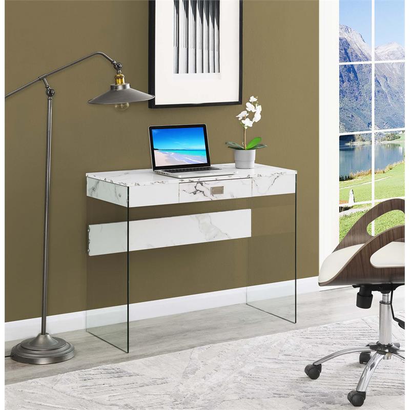 Pemberly Row 36 Desk in Clear Glass and White Faux Marble Finish with Drawer