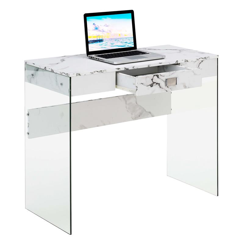 Pemberly Row 36 Desk in Clear Glass and White Faux Marble Finish with Drawer