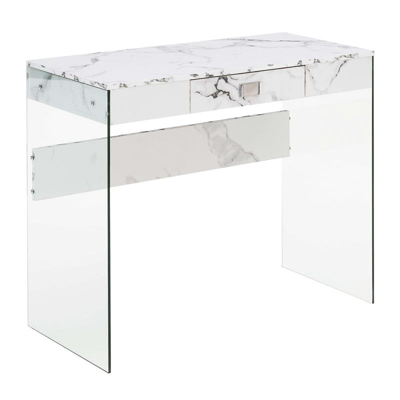 Pemberly Row 36 Desk in Clear Glass and White Faux Marble Finish with Drawer