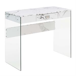 Pemberly Row 36 Desk in Clear Glass and White Faux Marble Finish with Drawer