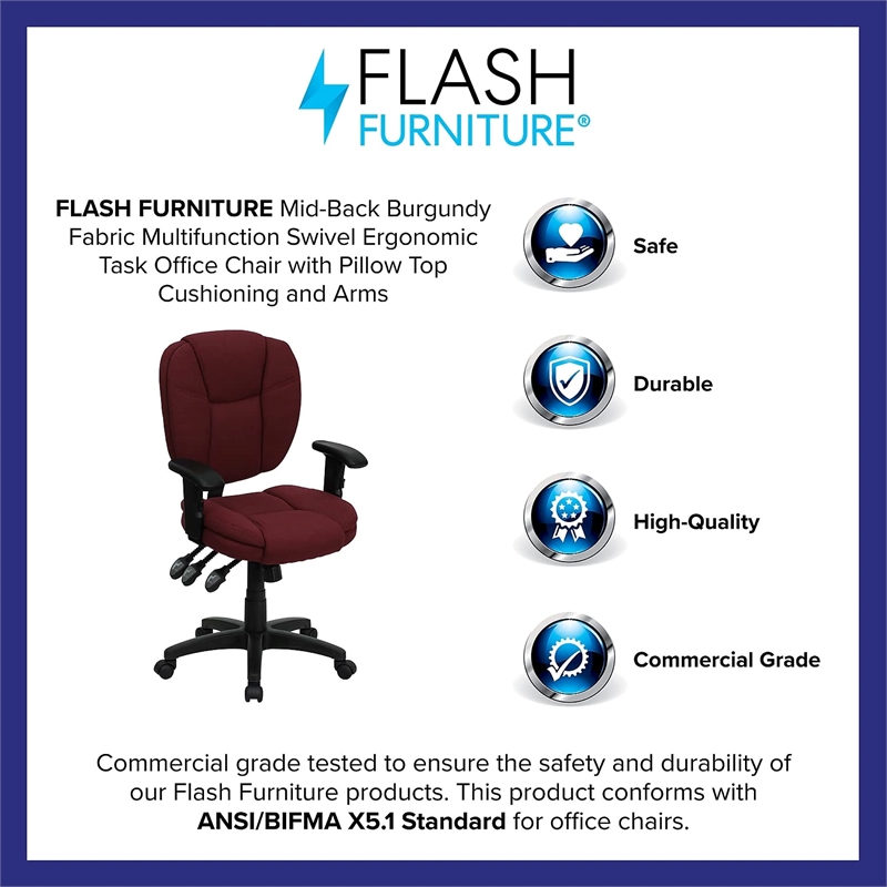 Pemberly Row Contemporary Mid Back Ergonomic Office Chair in Burgundy