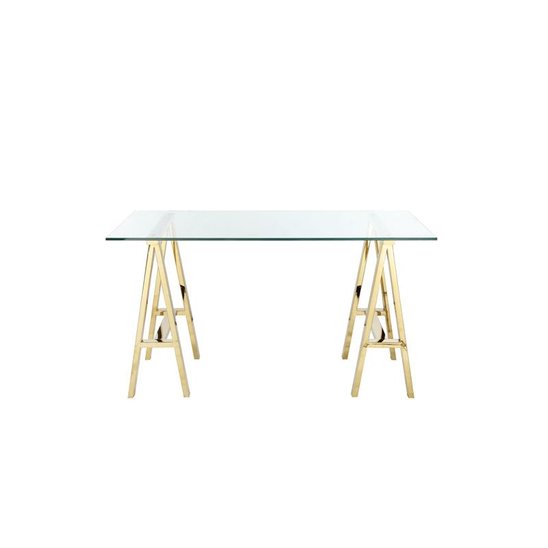Pemberly Row Contemporary Small Metal Desk with Glass in Polished Gold