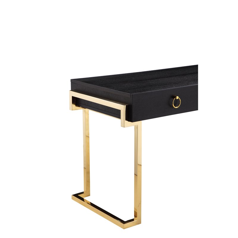 Pemberly Row Stainless Steel Desk in Black Ash Veneer & Gold