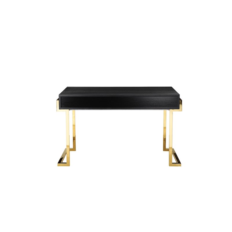 Pemberly Row Stainless Steel Desk in Black Ash Veneer & Gold