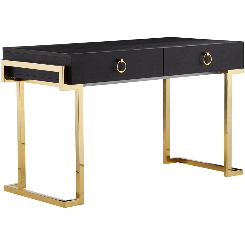 Pemberly Row Stainless Steel Desk in Black Ash Veneer & Gold