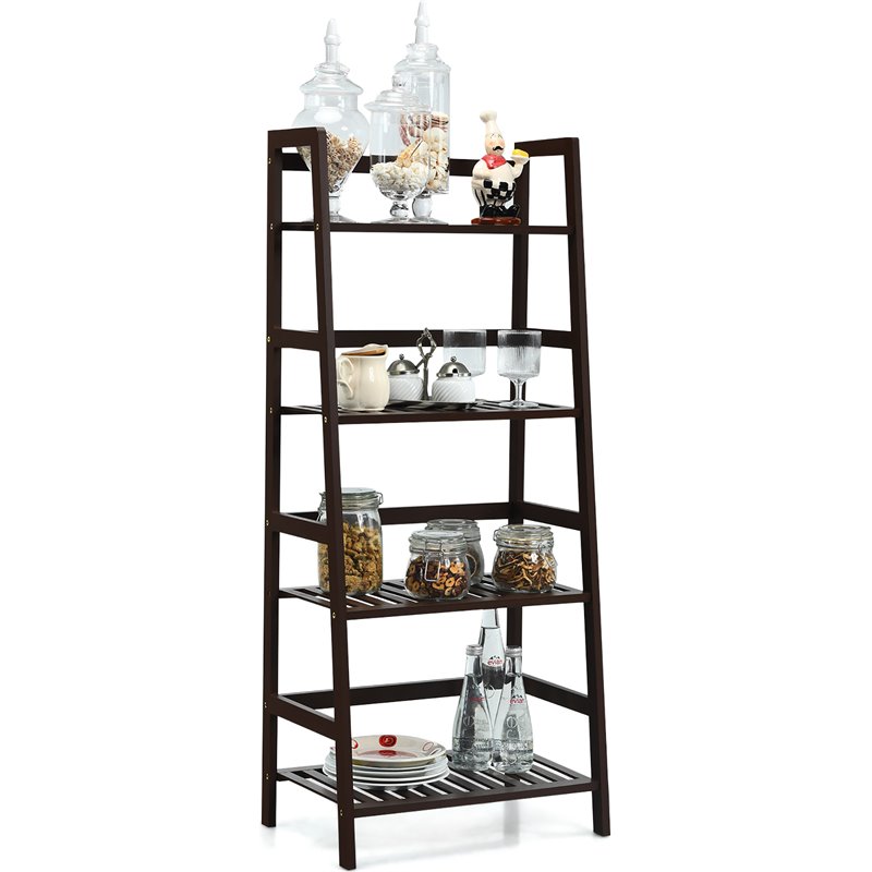 Pemberly Row 4-Tier Bamboo Ladder Shelf Plant Stand Rack Bookshelf in Brown