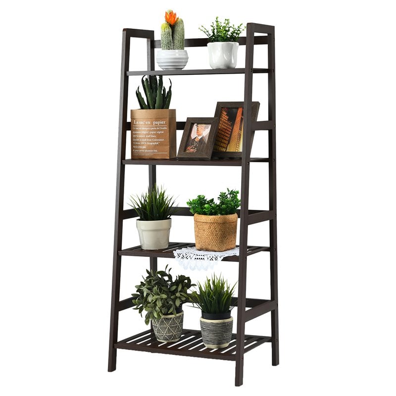 Pemberly Row 4-Tier Bamboo Ladder Shelf Plant Stand Rack Bookshelf in Brown
