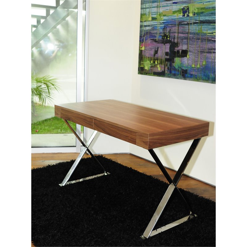 Pemberly Row Modern Wood Veneer & High Polished Steel Desk in Walnut