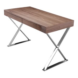 Pemberly Row Modern Wood Veneer & High Polished Steel Desk in Walnut