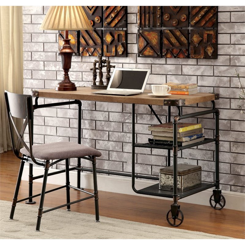 Pemberly Row Metal Writing Desk with Casters in Antique Black