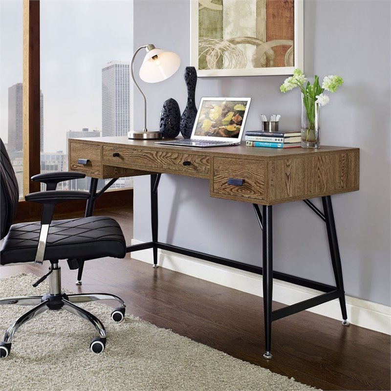 Pemberly Row Modern Wood & Steel Office Desk in Walnut/Black