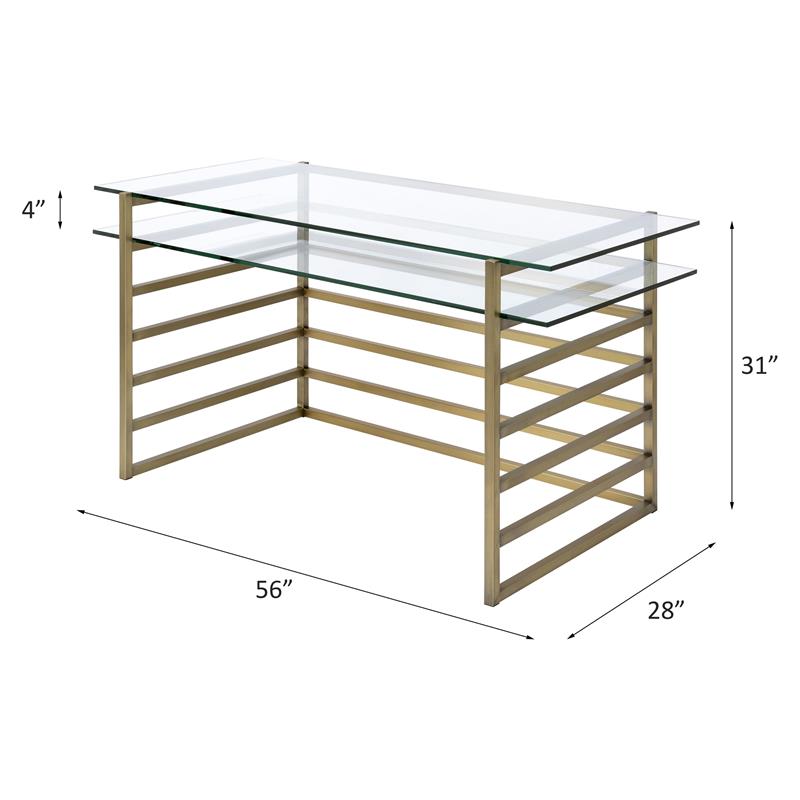 Pemberly Row Glass Rectangular Top 1-Shelf Desk in Antique Gold and Clear