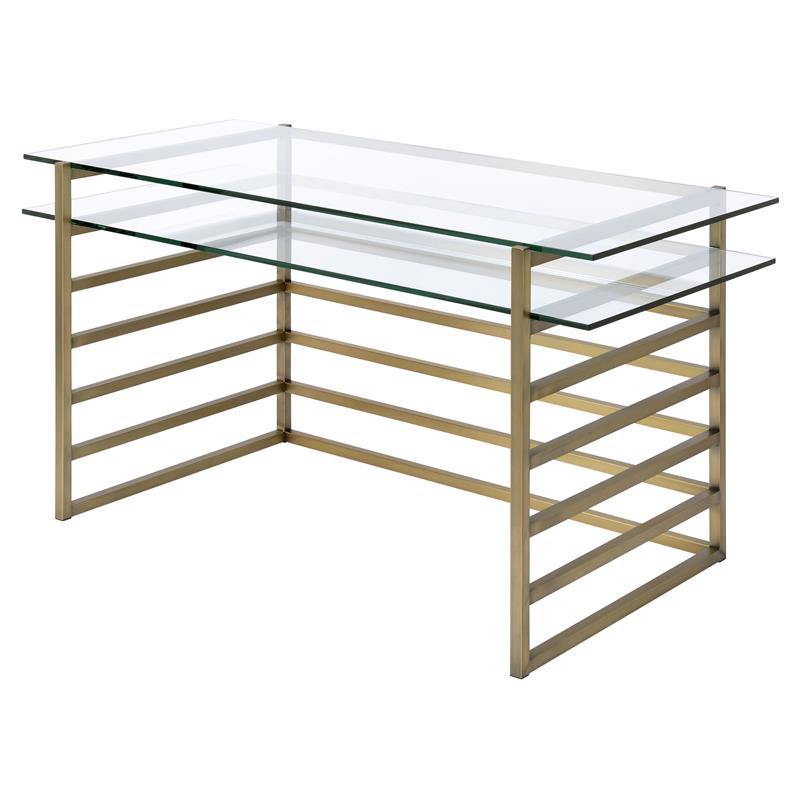 Pemberly Row Glass Rectangular Top 1-Shelf Desk in Antique Gold and Clear