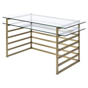 Pemberly Row Glass Rectangular Top 1-Shelf Desk in Antique Gold and Clear