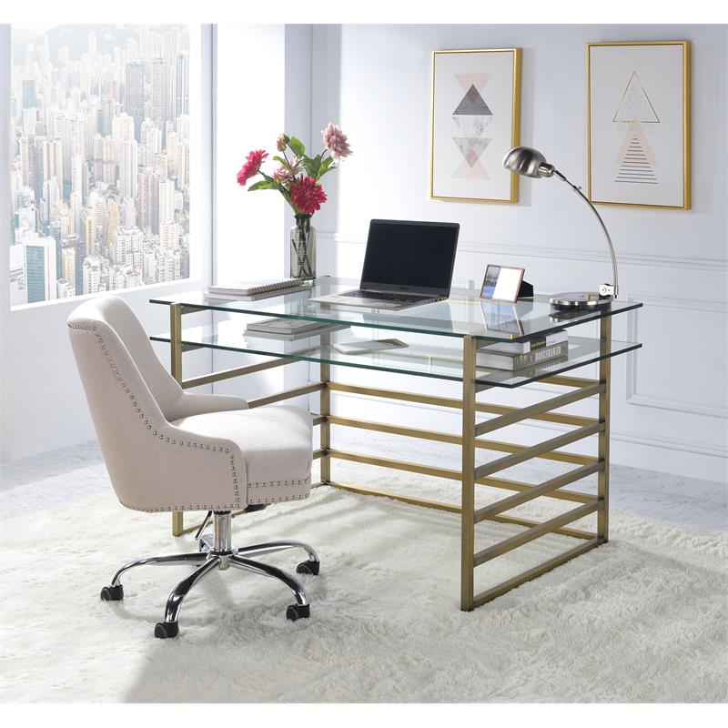 Pemberly Row Glass Rectangular Top 1-Shelf Desk in Antique Gold and Clear