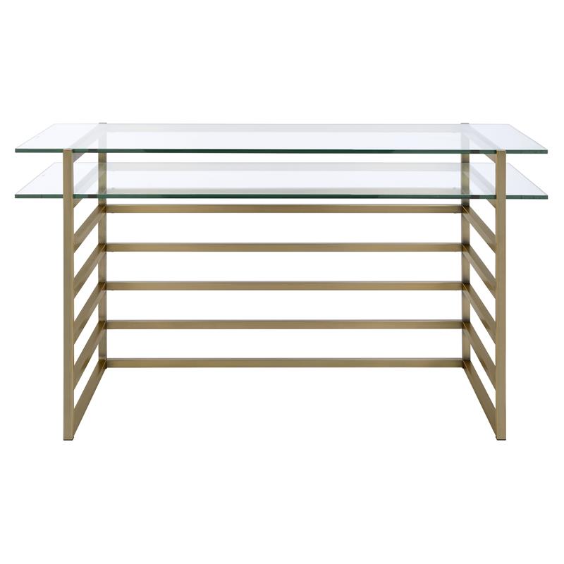 Pemberly Row Glass Rectangular Top 1-Shelf Desk in Antique Gold and Clear
