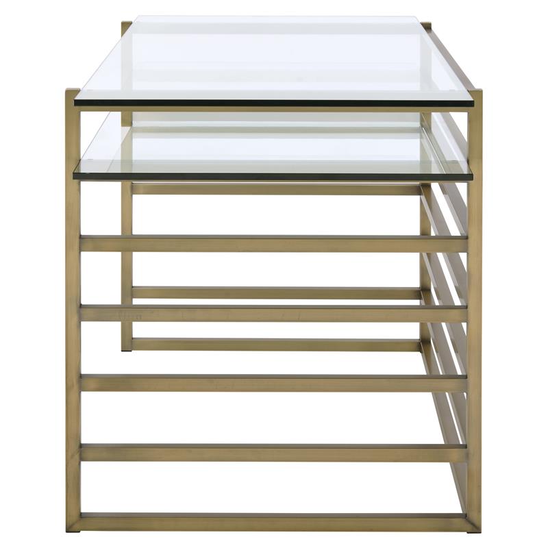 Pemberly Row Glass Rectangular Top 1-Shelf Desk in Antique Gold and Clear