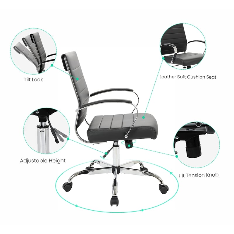 Pemberly Row Modern Adjustable Leather Office Chair in Black