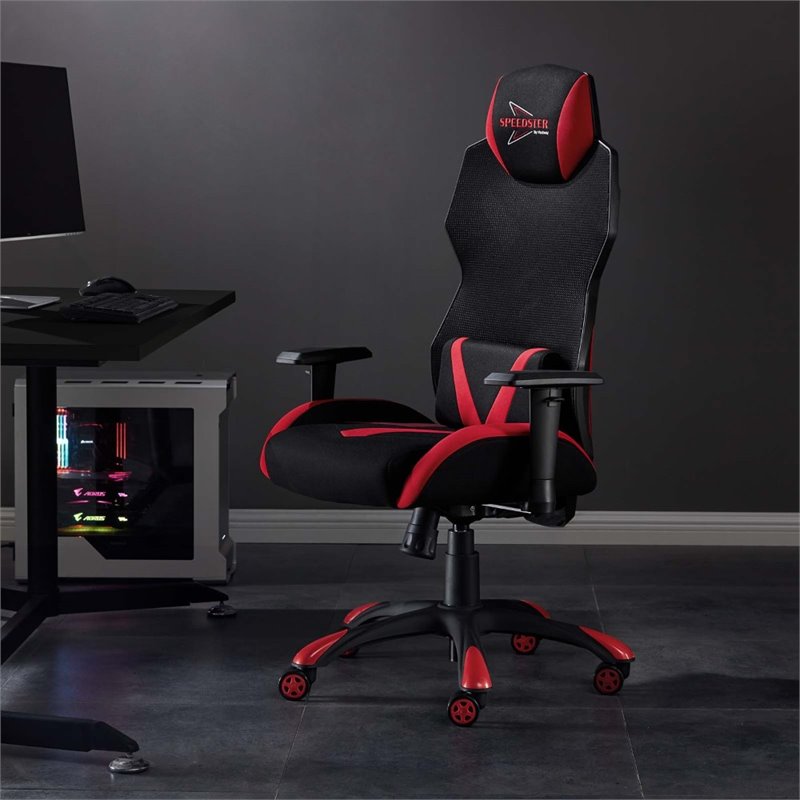 Pemberly Row Modern Mesh Fabric Gaming Computer Chair in Black/Red
